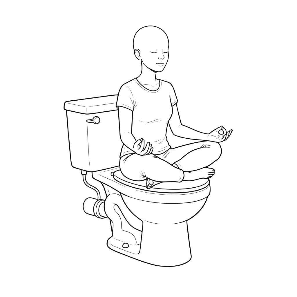 A person meditating on a toilet.